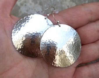 Hammered Sterling Silver Disc Earrings - Large Round Dangle Earrings