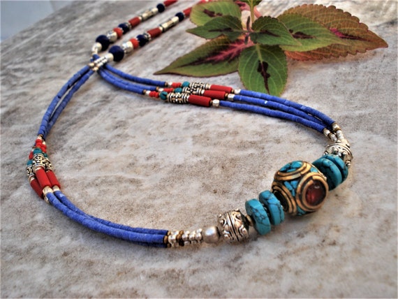 Nepalese Necklace Tibetan Turquoise Coral Lapis L… - image 6