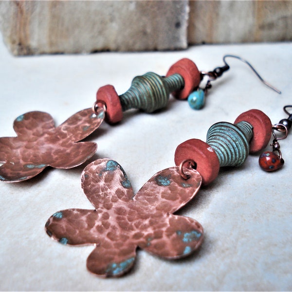 Hammered Copper Patina Flower Artisan Earrings Verdigris Copper Ceramic Beads Unique Earrings Boho Tribal Metalwork Asymmetrical Earrings