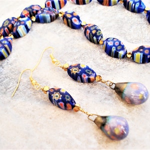 Set Millefiori Necklace and Earrings Italian Murano Glass Beads Lampwork and Porcelain Beads Necklace Blue and Gold Hematite Unique Necklace image 5