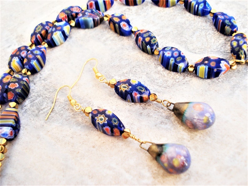 Set Millefiori Necklace and Earrings Italian Murano Glass Beads Lampwork and Porcelain Beads Necklace Blue and Gold Hematite Unique Necklace image 5