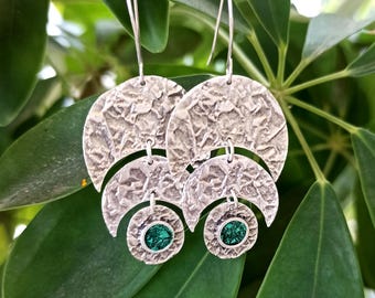 Sterling Silver Malachite Crescent Earrings Double Crescents and Full Moon with Green Gemstone Earrings Handtextured Large Earrings