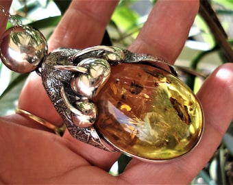 Large Cognac Baltic Amber Pendant Unisex Sterling Silver Pendant Huge Baltic Amber Sterling Silver Chain Taurus Birthstone Gemstone Necklace