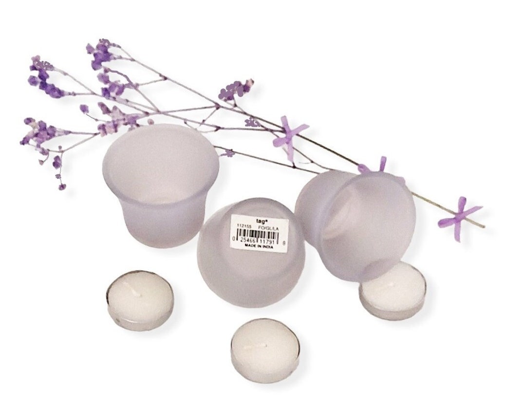 Lavender Frosted GLASS VOTIVE HOLDERS 3pc Set With New Tea Lights 'tag