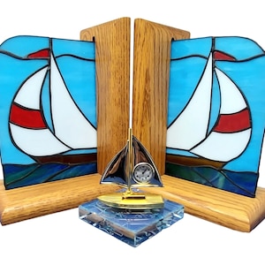 Vintage SAILB0AT B00KENDS, STAINED GLASS: Nautical Coastal Décor, Solid Oak Base, Artisan Made