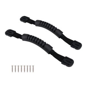 May include: Two black plastic handles with a textured grip and black straps. The handles are attached to a surface with screws. The screws are included.