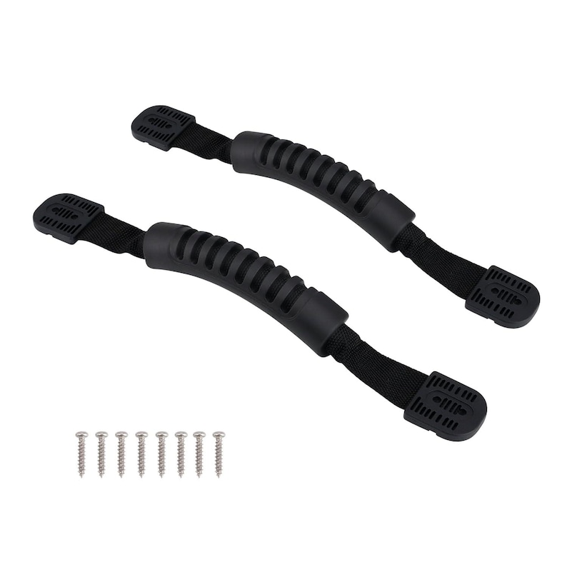 May include: Two black plastic handles with a textured grip and black straps. The handles are attached to a surface with screws. The screws are included.