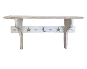 36" Wooden Wall Shelf with Hooks | Rustic Farmhouse Coat Rack, Star Moon Design