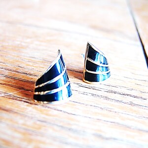 Spock Studs - Vintage Estate Item, Black Enamel Base wit Gold Post and Stripe Detail; Asymmetrical Crescents