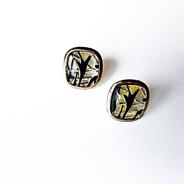 Roar Posts - Made from Vintage Cuff Links!  Animal Print in Black and Gold Glass with Gold Tone Base