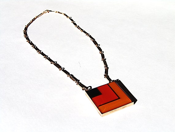 Colorblock Square Retro Necklace - Black, Coral, … - image 2