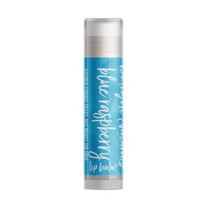 May include: A blue and white lip balm tube with the text "blue raspberry lip balm" and "Naturally enough to eat, but resist the urge".