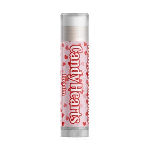 May include: A lip balm tube with a clear cap. The tube is light pink with red heart shapes and the words "Candy Hearts lip balm" in red. The bottom of the tube is silver.
