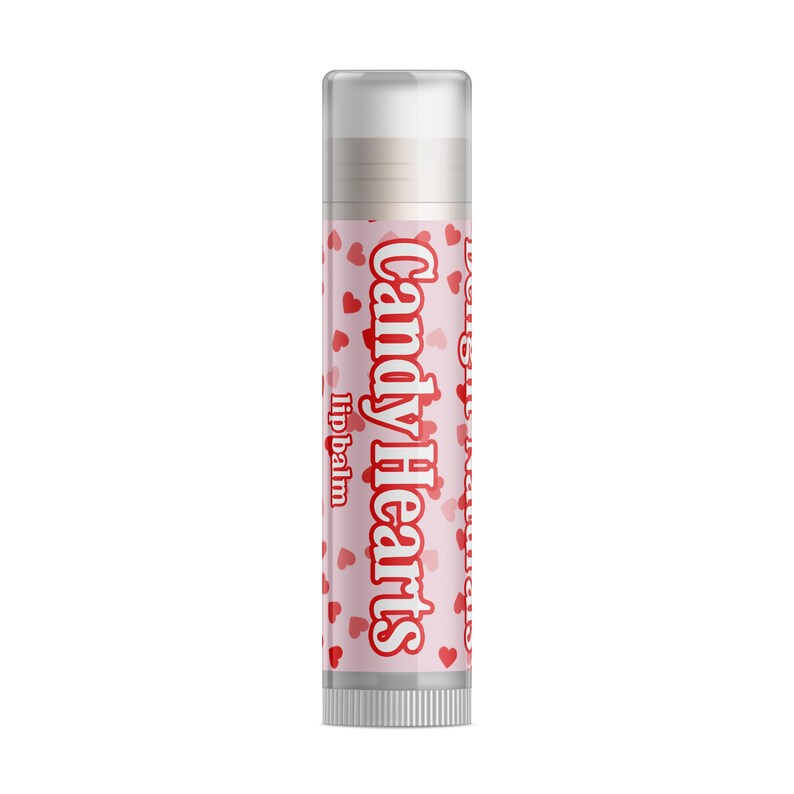 May include: A lip balm tube with a clear cap. The tube is light pink with red heart shapes and the words "Candy Hearts lip balm" in red. The bottom of the tube is silver.