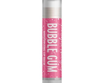 May include: A moisturizing lip balm tube with a pink label. The label features the words "Bubble Gum" in white, with the text "Moisturizing Lip Balm" below. The tube has a clear cap and a silver base.