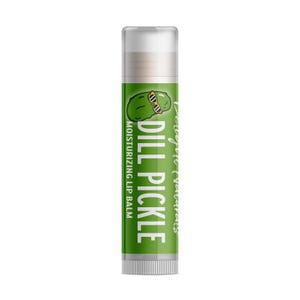 May include: A green lip balm tube with a cartoon pickle wearing sunglasses and the text "Dill Pickle Moisturizing Lip Balm".