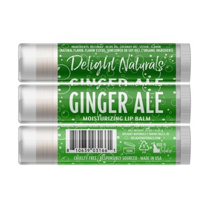 May include: Three lip balm tubes with white caps and green labels. The labels read "Delight Naturals Ginger Ale Moisturizing Lip Balm." The ingredients and other details are also printed on the labels. The net weight is 4.25 g.