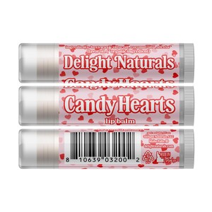 May include: Three lip balm tubes with pink and red heart designs. The text "Delight Naturals" and "Candy Hearts lip balm" are visible. The net weight is .15 oz.