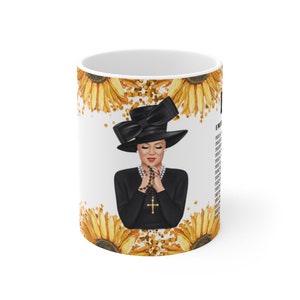 Church Hat Praying Lady of Faith Bible Emergency Numbers Ceramic Mug 11oz-Scripture Mug-Christian Gift-Christian Mug-Church Gifts