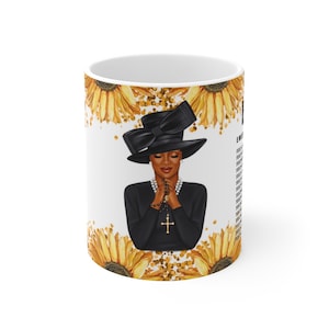 Church Hat Praying Afro Lady of Faith Bible Emergency Numbers Ceramic Mug 11oz-Scripture Mug-Christian Gift-Afrocentric Mug-Church Gifts