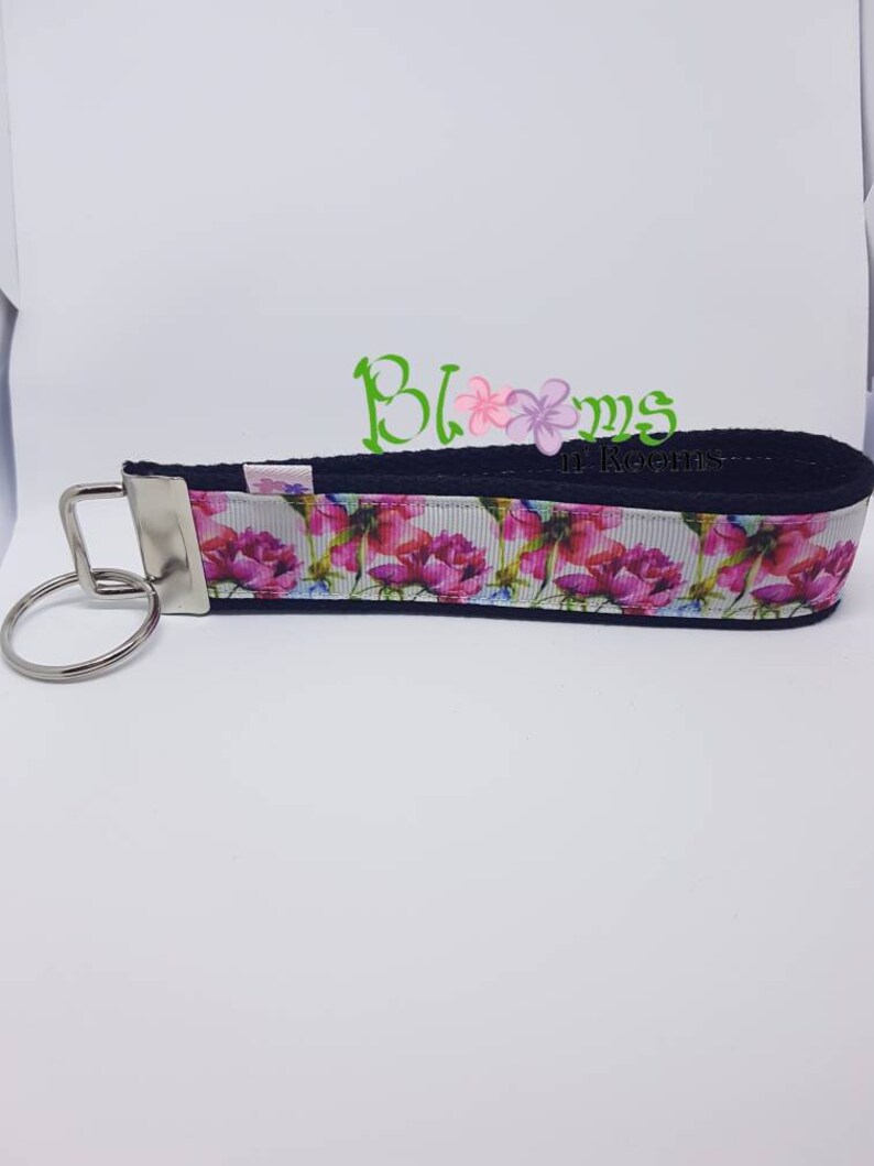 Beautiful watercolour floral, painted flowers, wrist key chain, key fob wristlet image 1