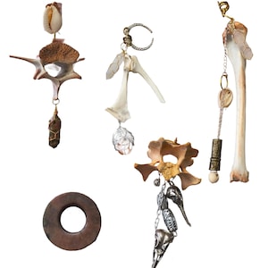May include: A collection of unique, handcrafted earrings and a circular pendant. The earrings feature bone, crystals, shells, and metal accents. The pendant is a brown, circular stone with a hole in the center. The earrings have a gothic or alternative aesthetic.