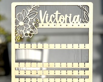 Earring Organizer, personalized Earring Holder Stand, Floral Rounded Rectangular Laser Cut Display, Stud Dangle Earring Holder