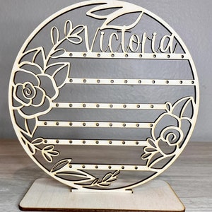 Wood Earring Organizer Roses, Personalized Earring Holder Stand, Floral Circle Earring Display, Stud Earring, Girls Jewelry, Gift For Her.