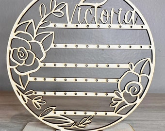 Wood Earring Organizer Roses, Personalized Earring Holder Stand, Floral Circle Earring Display, Stud Earring, Girls Jewelry, Gift For Her.