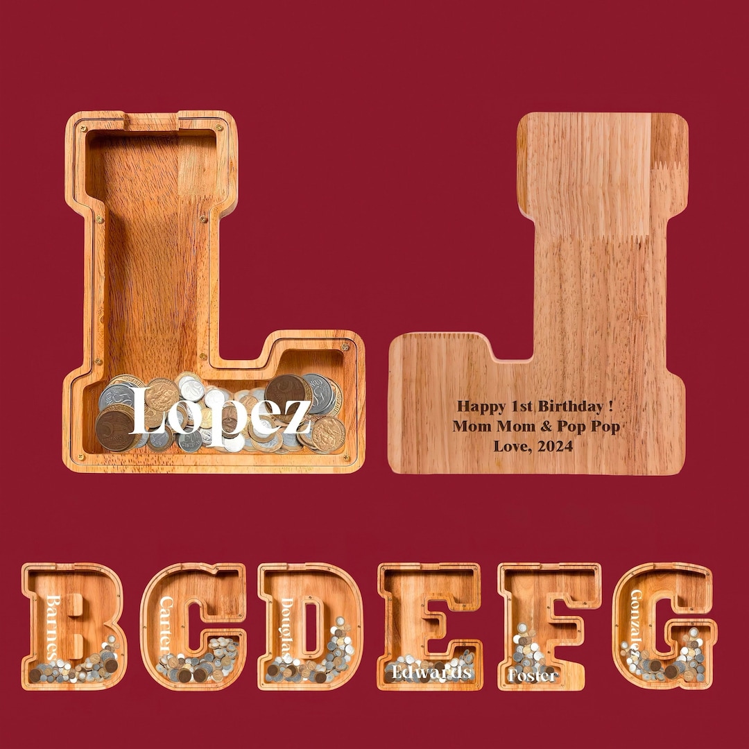 Personalized Wooden Letter Piggy Bank, Custom Initial Money Box for ...