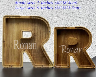 9.1 in Personalized Large Wooden Kids Letter Piggy Bank Custom Name Coin Bank, ( Laser Engraved Name ) Wood Alphabet Letter Bank Money Box