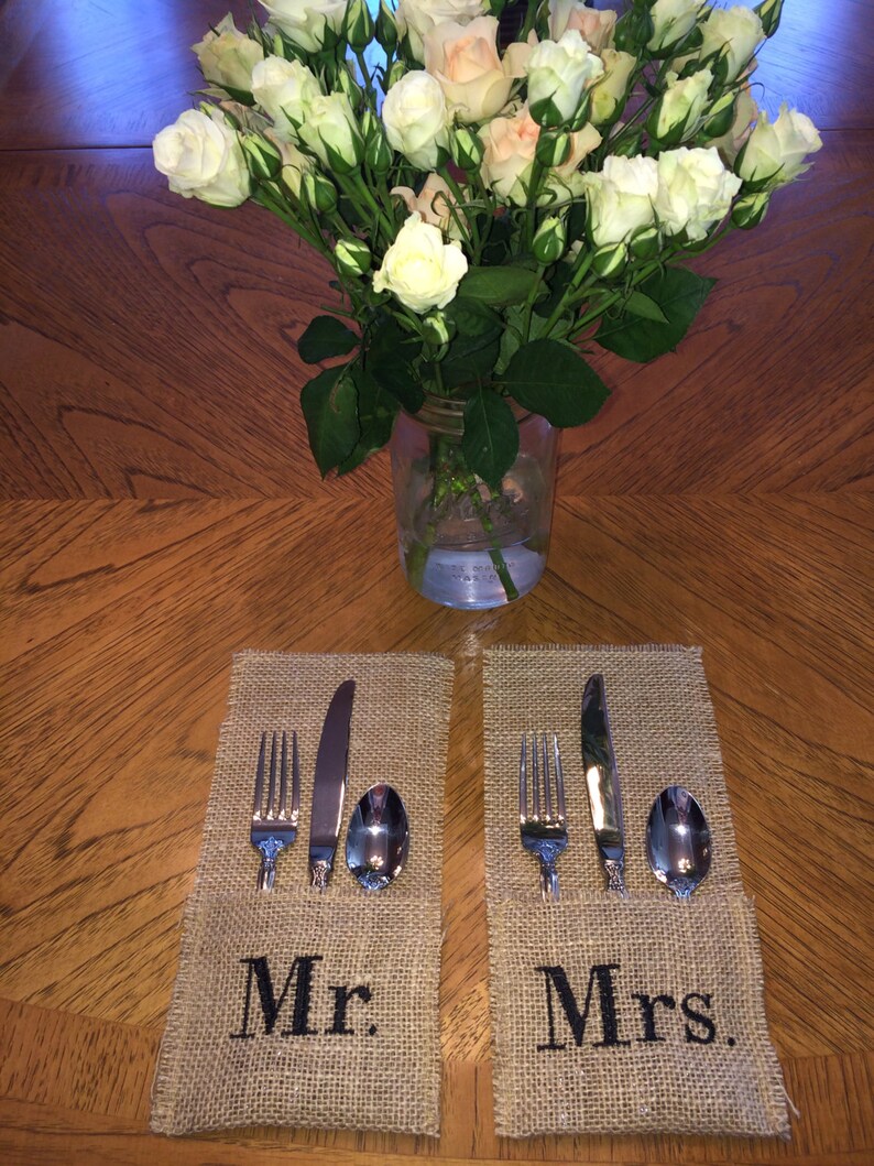 Wedding Reception Burlap Mr & Mrs Utensil Holder Set Etsy