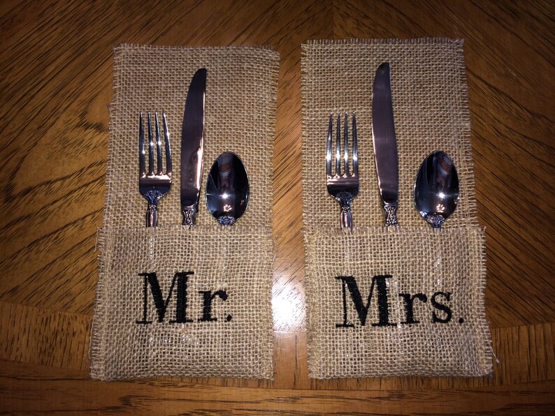 Wedding Reception Burlap Mr & Mrs Utensil Holder Set Etsy