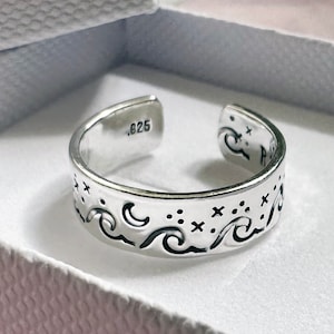 Hand Stamped Waves - Ocean - Stars - Ride The Waves - Sterling Silver Ring - Can Be Personalised - Adjustable