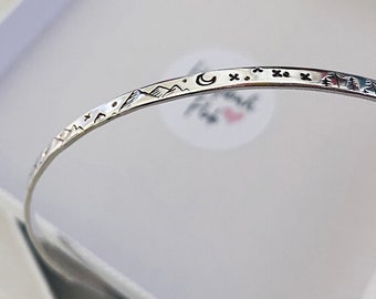 Hand Stamped Sterling Silver Bangles - Forests & Mountains - Can Be Personalised!