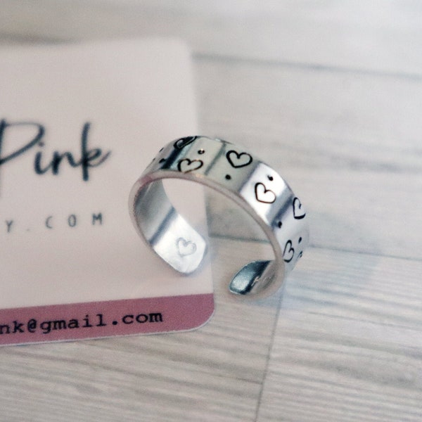 Hand Stamped Ring - 'Whimsical' Hearts - Adjustable - Can Be Personalised!