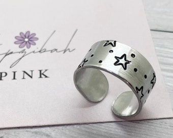 Hand Stamped Wide Ring - 9mm - Stars - Adjustable - Can Be Personalised