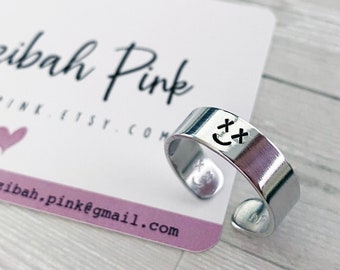 Hand Stamped Ring - XX Smiley Face - Adjustable - Can Be Personalised!