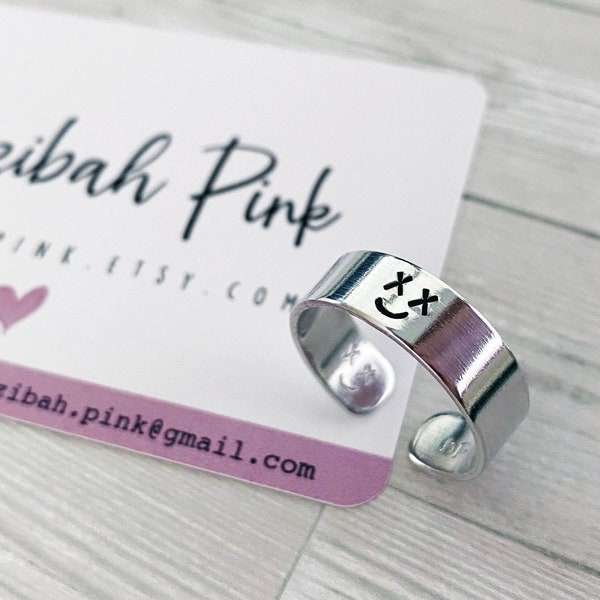 Hand Stamped Ring - XX Smiley Face - Adjustable - Can Be Personalised!