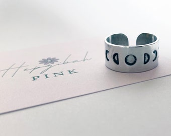 Hand Stamped Wide Ring - 9mm - Moon Phases - Stars - Adjustable!