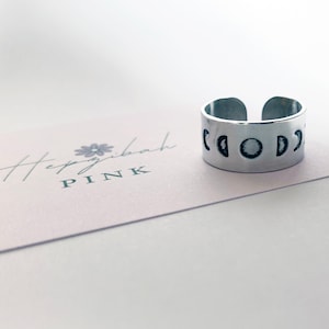 Hand Stamped Wide Ring - 9mm - Moon Phases - Stars - Adjustable!