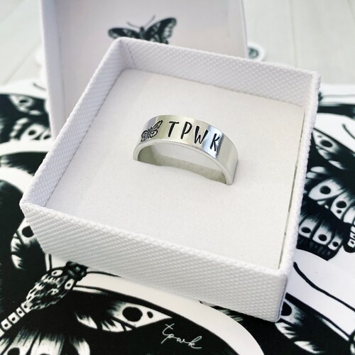 Hand Stamped Ring - TPWK - Butterfly - Adjustable - Treat People With Kindness - FREE STICKER!