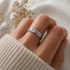 Hand Stamped - Sterling Silver Ring - Mountains & Forests - Adjustable - Can Be Personalised