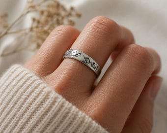 Hand Stamped - Sterling Silver Ring - Mountains & Forests - Adjustable - Can Be Personalised