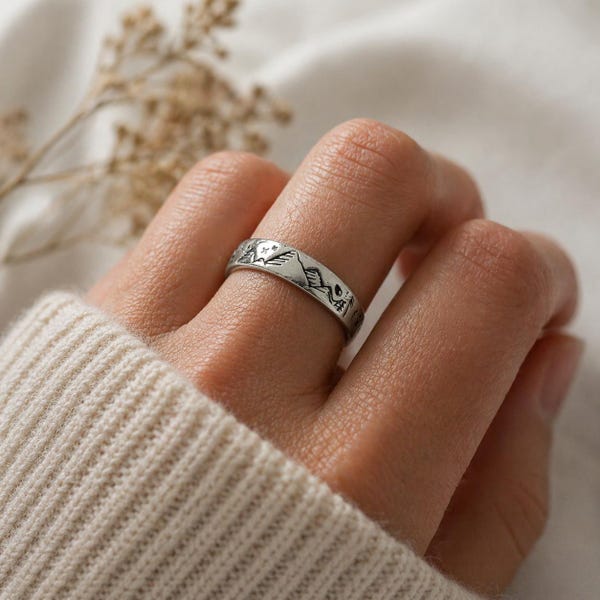 Hand Stamped - Sterling Silver Ring - Mountains & Forests - Adjustable - Can Be Personalised
