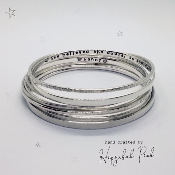 Hand Stamped Sterling Silver Bangle - Hammered - Can Be