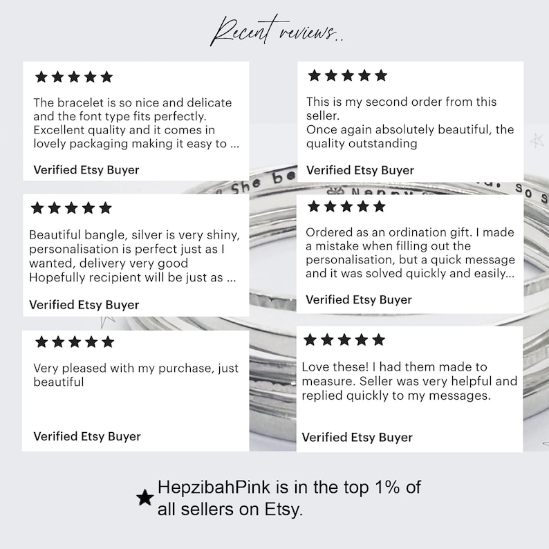 May include: Five customer reviews for a shop on Etsy. Each review is five stars and includes a positive comment about the product and the seller. The shop is called HepzibahPink and is in the top 1% of all sellers on Etsy.