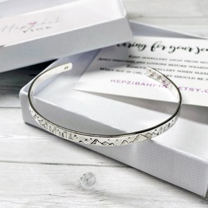Hand Stamped - Sterling Silver Bangle - Mountains & Forests - Adjustable - Can Be Personalised