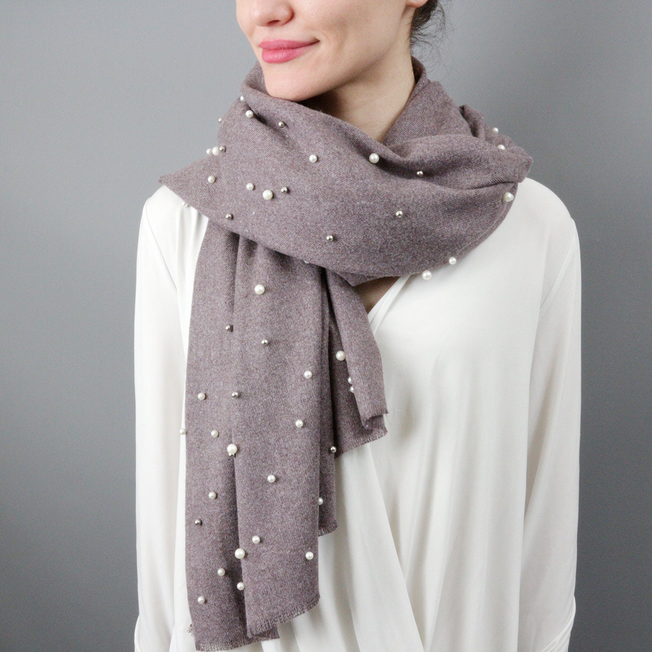 Gunmetal Pearl & Cashmere Blend Shawl Gift for Her 