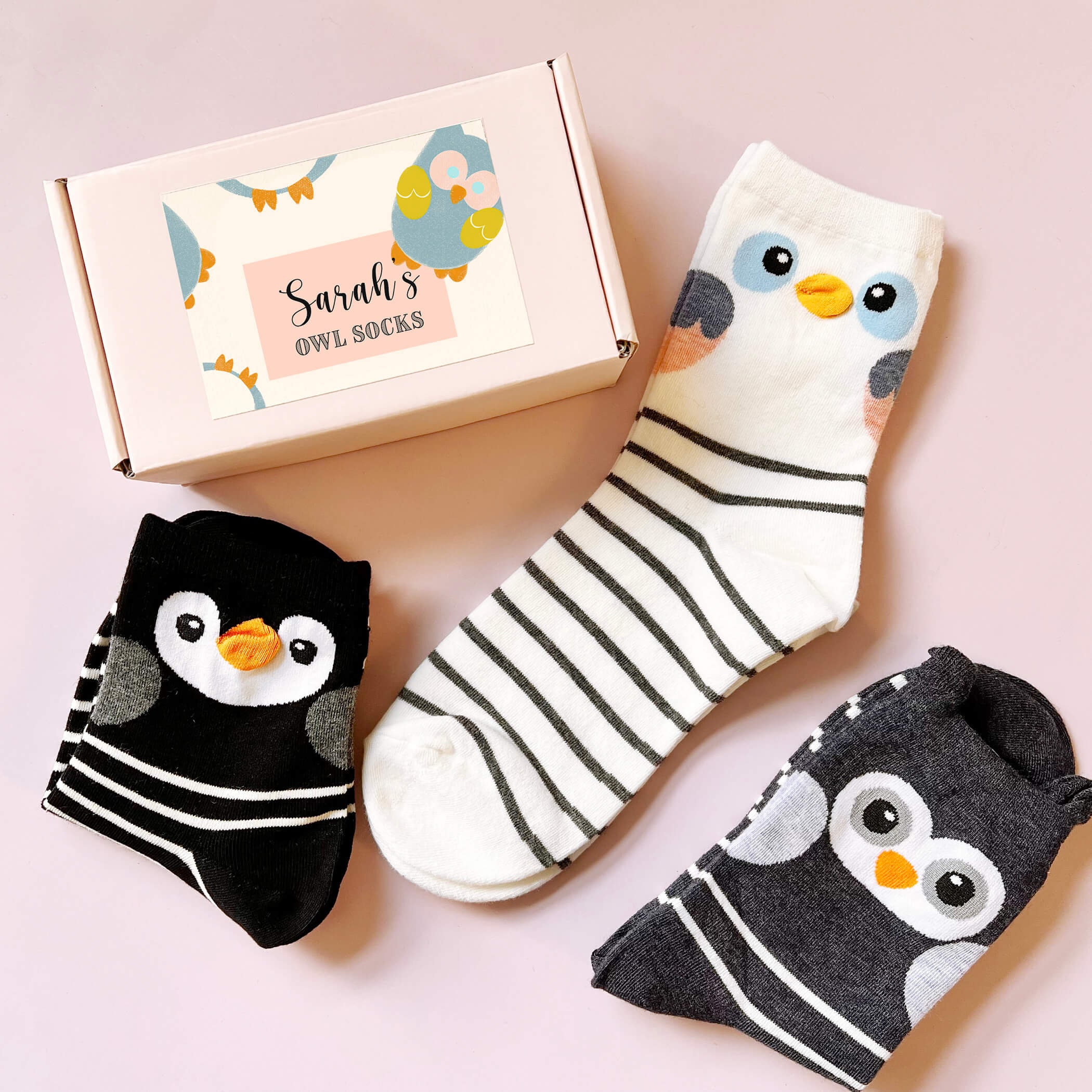 Personalised Striped Owl Three Pairs of Socks in A Gift Box Owl